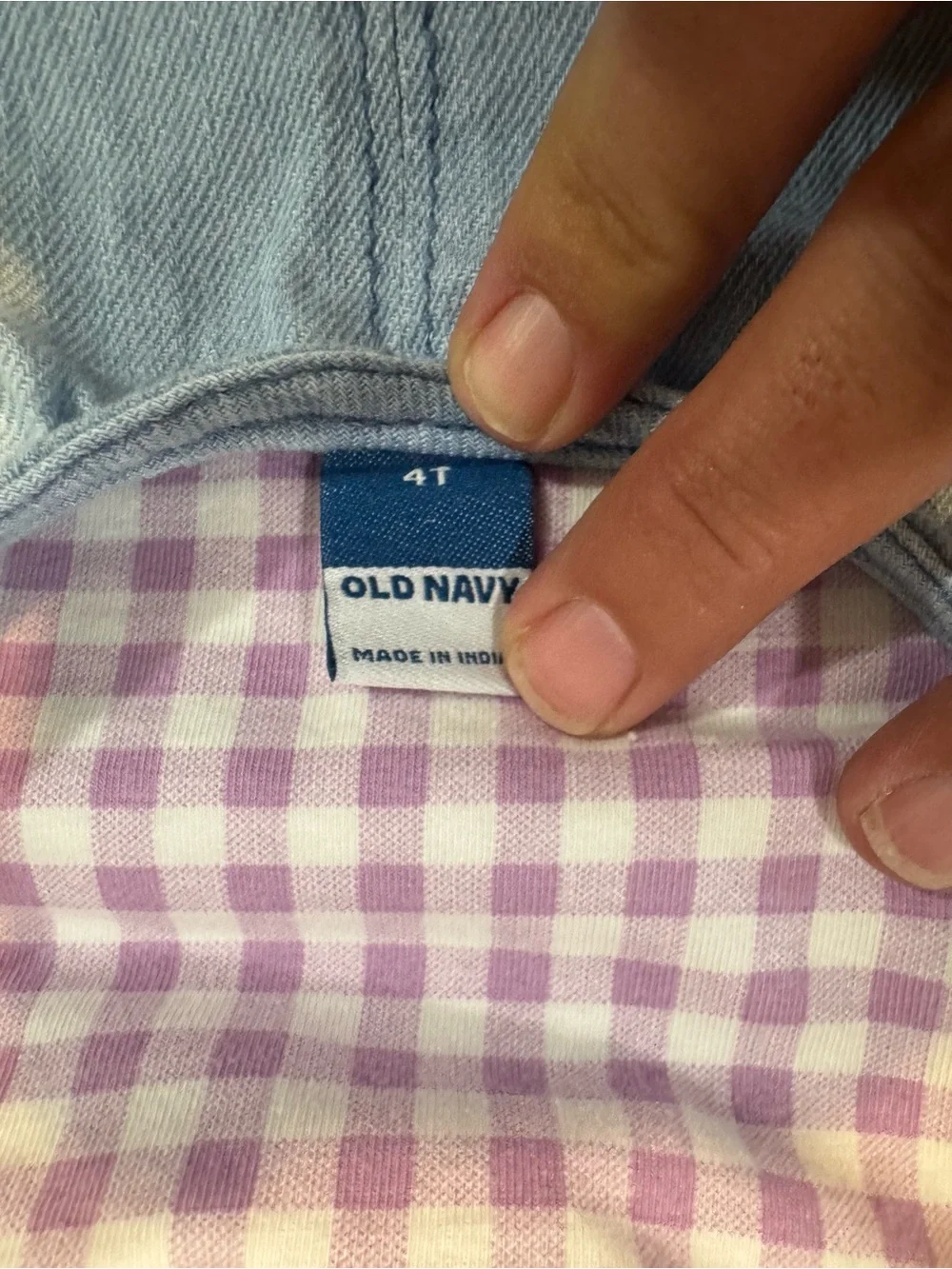 Old Navy Light Blue Denim Pinafore with Purple Gingham Tee